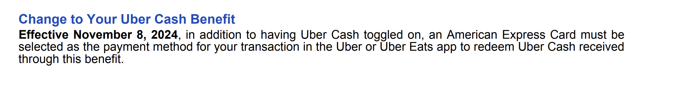 Amex Uber Cash benefit change